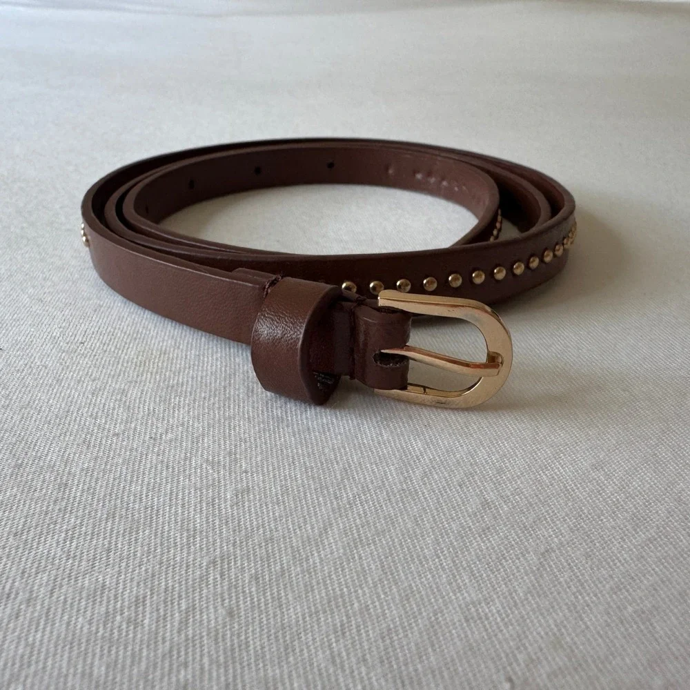 Brown Faux Leather Skinny Studded Belt Gold Horseshoe Buckle Slim Waist Belt